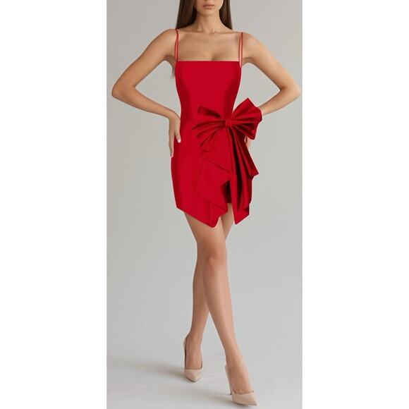RASARIO Bow Embellished Draped Ruffle Silk Red Mini Dress Size 4 - Picture 2 of 10